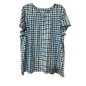 Denim&Co Blue and White Short Sleeve Plaid Tee